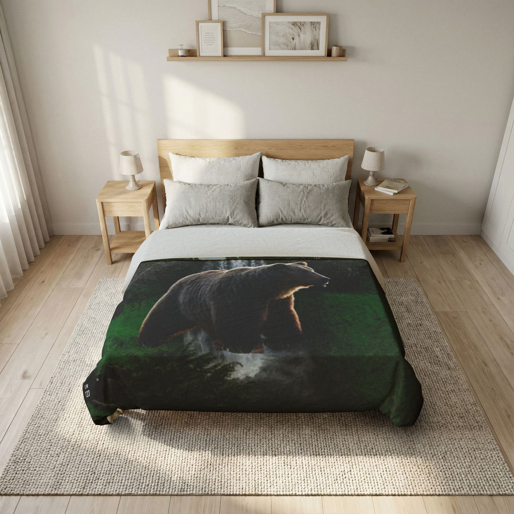 LW 123 Bear & Waterfall Cotton Duvet Cover — Forest Wildlife Bedding