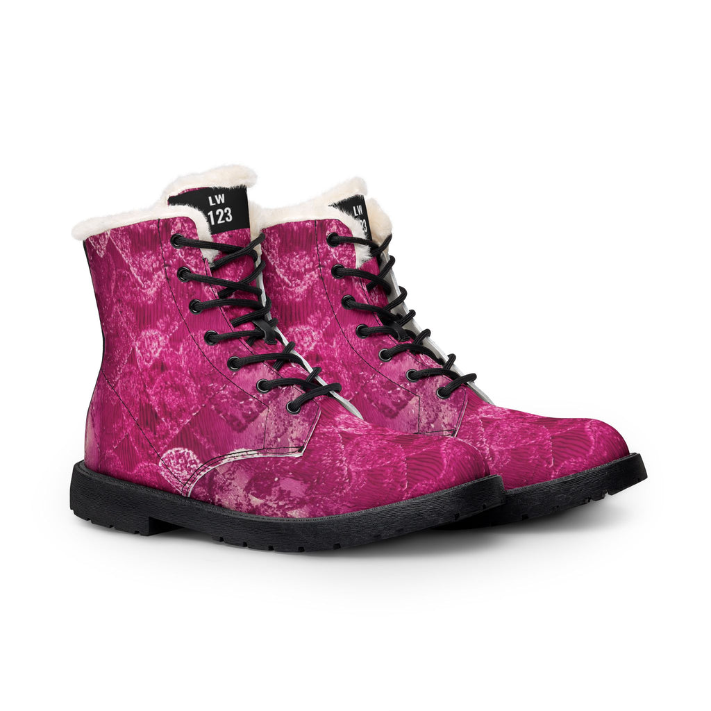 Pink Heart Fur-Lined Leather Boots — Women's Cozy Winter Combat Boots
