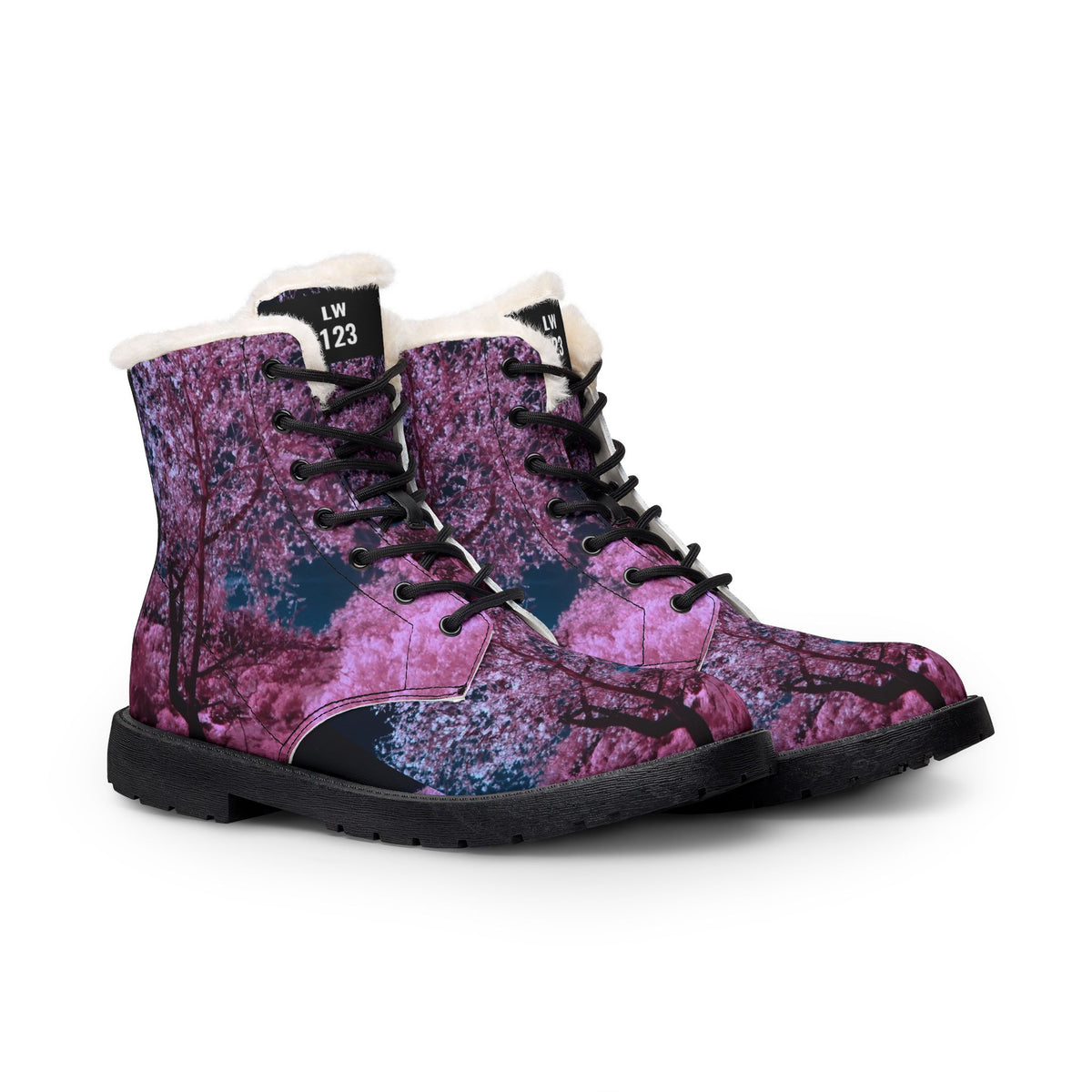 LW 123 Women's Fur-Lined Leather Boots — Pink Cherry Blossom Winter Combat Boots