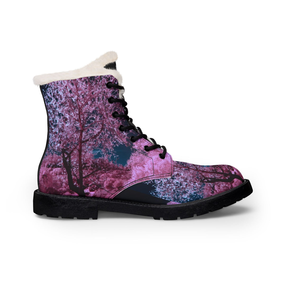 LW 123 Women's Fur-Lined Leather Boots — Pink Cherry Blossom Winter Combat Boots
