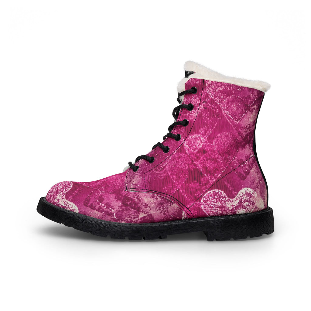 Pink Heart Fur-Lined Leather Boots — Women's Cozy Winter Combat Boots