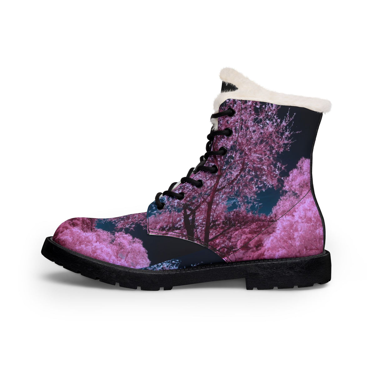 LW 123 Women's Fur-Lined Leather Boots — Pink Cherry Blossom Winter Combat Boots