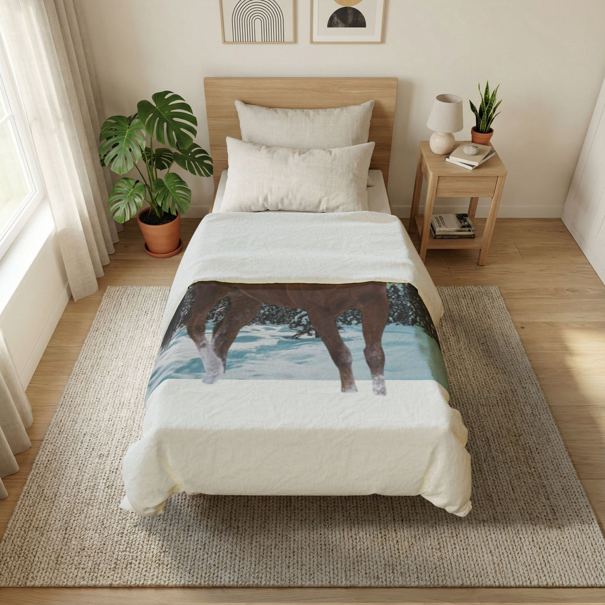 LW 123 Horse in Snow Cotton Duvet Cover — Winter Mountain Equestrian Bedding