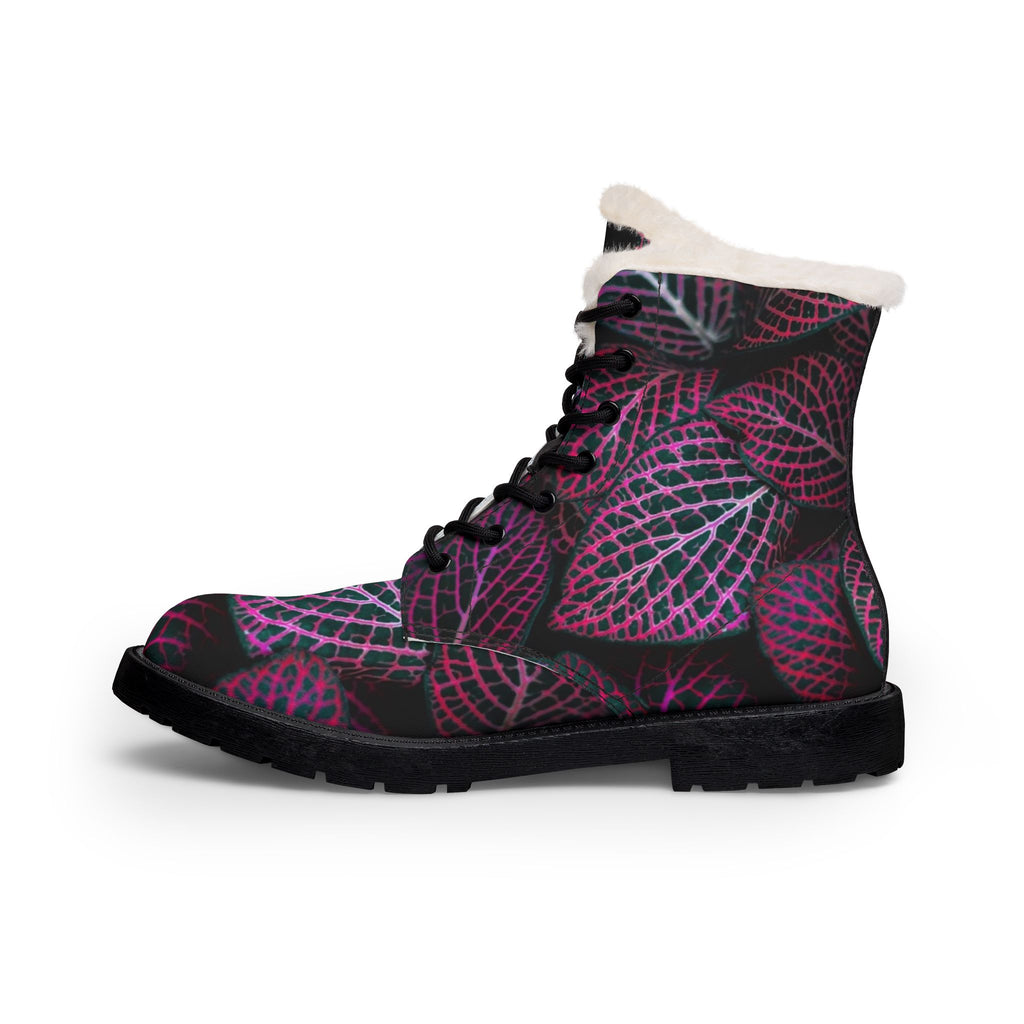 LW 123 Leaf Print Fur Lined Leather Boots —