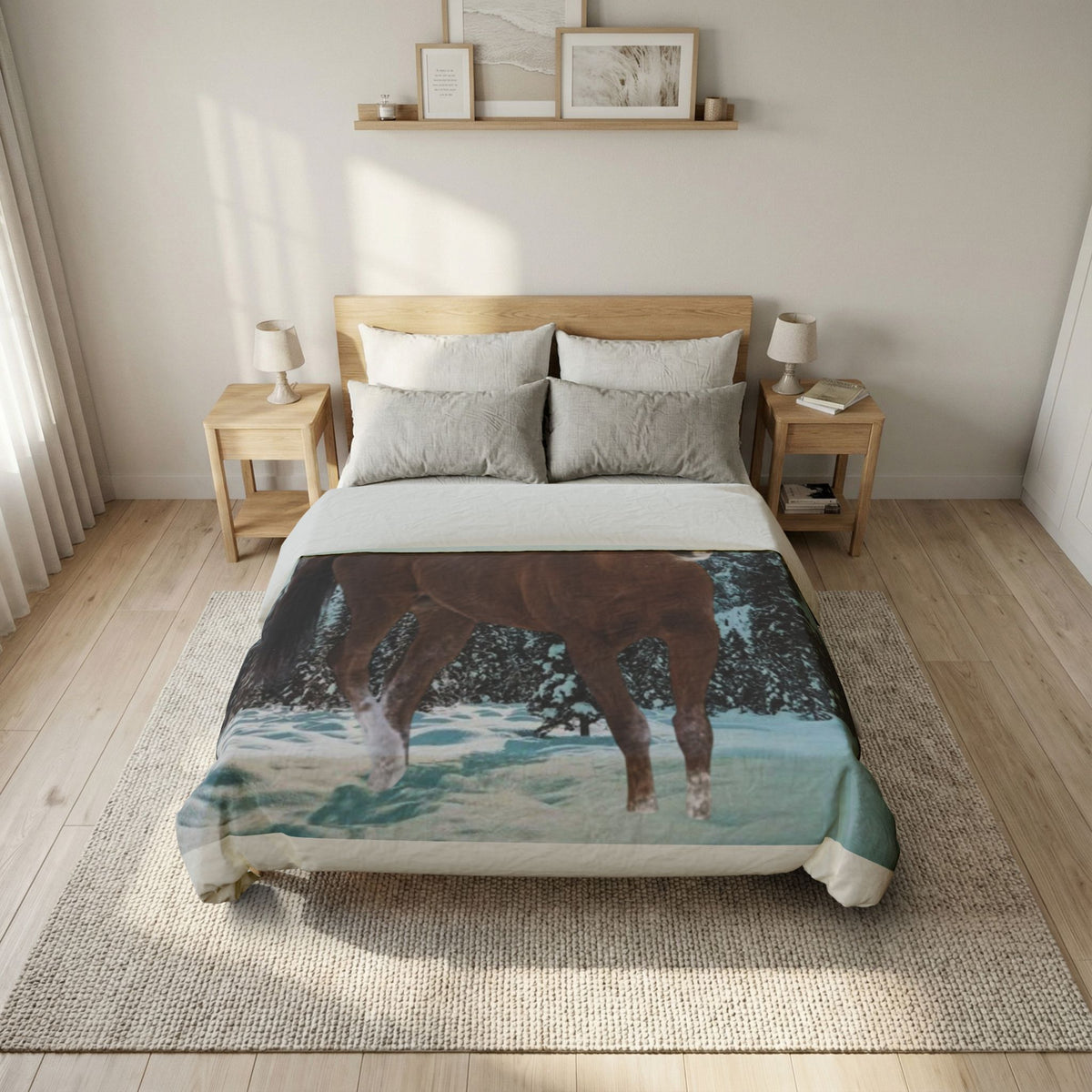LW 123 Horse in Snow Cotton Duvet Cover — Winter Mountain Equestrian Bedding