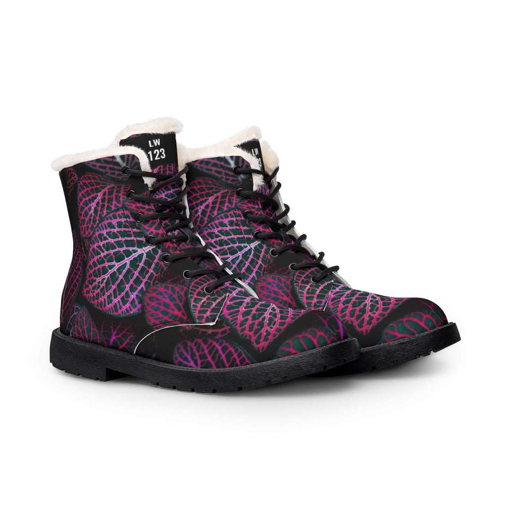 LW 123 Leaf Print Fur Lined Leather Boots —
