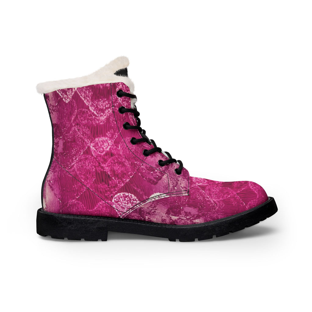 Pink Heart Fur-Lined Leather Boots — Women's Cozy Winter Combat Boots