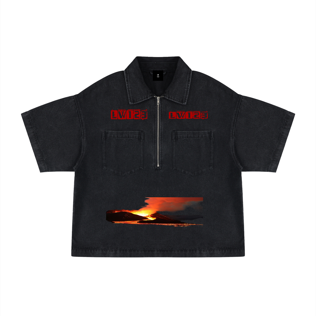 Unisex Vintage Wash Boxy Quarter-Zip Denim Shirt