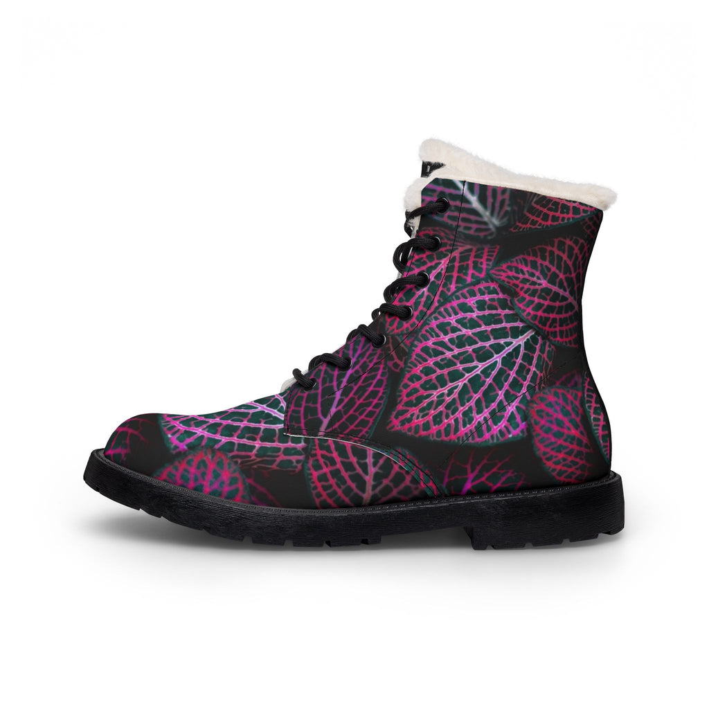 LW 123 Leaf Print Fur Lined Leather Boots —