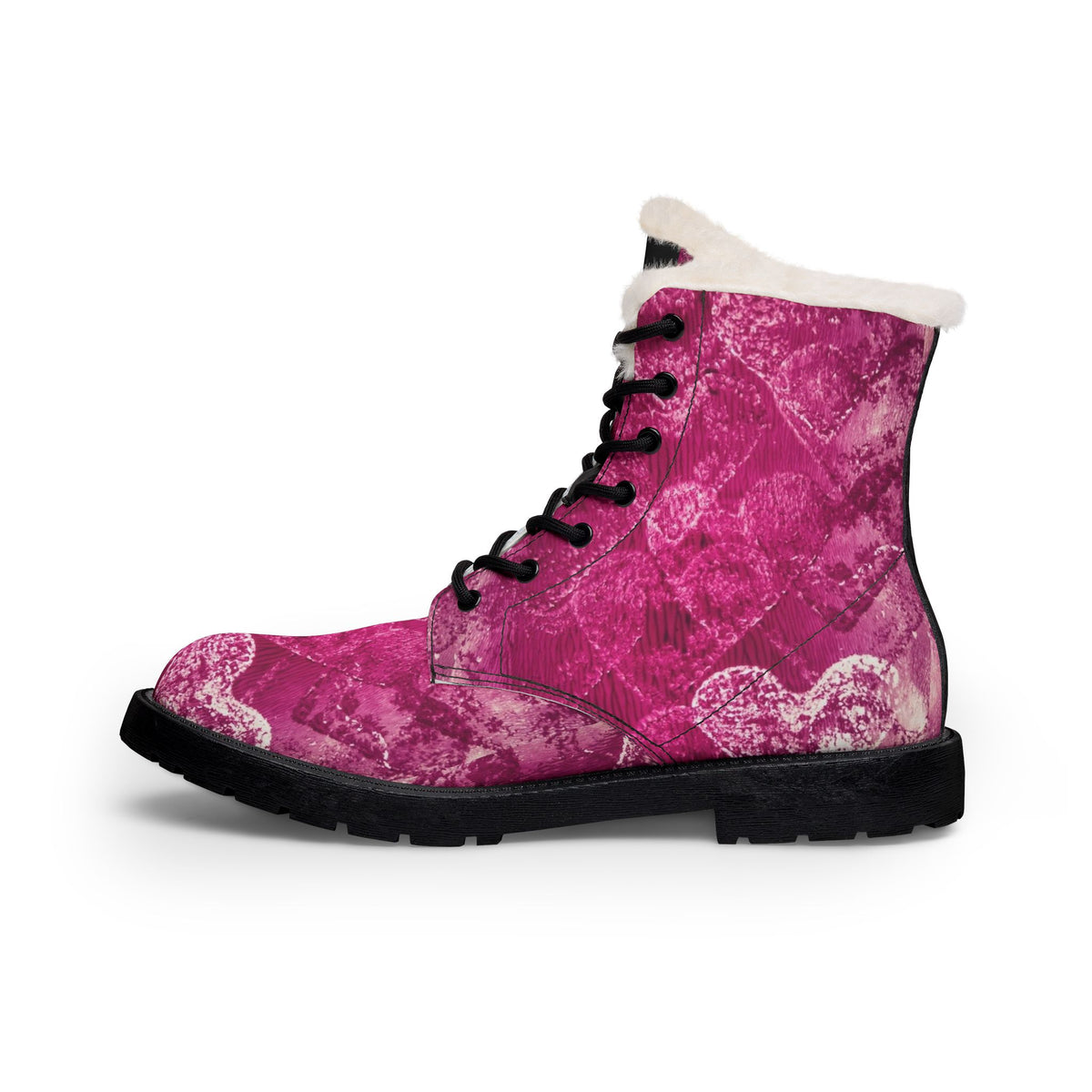 Pink Heart Fur-Lined Leather Boots — Women's Cozy Winter Combat Boots