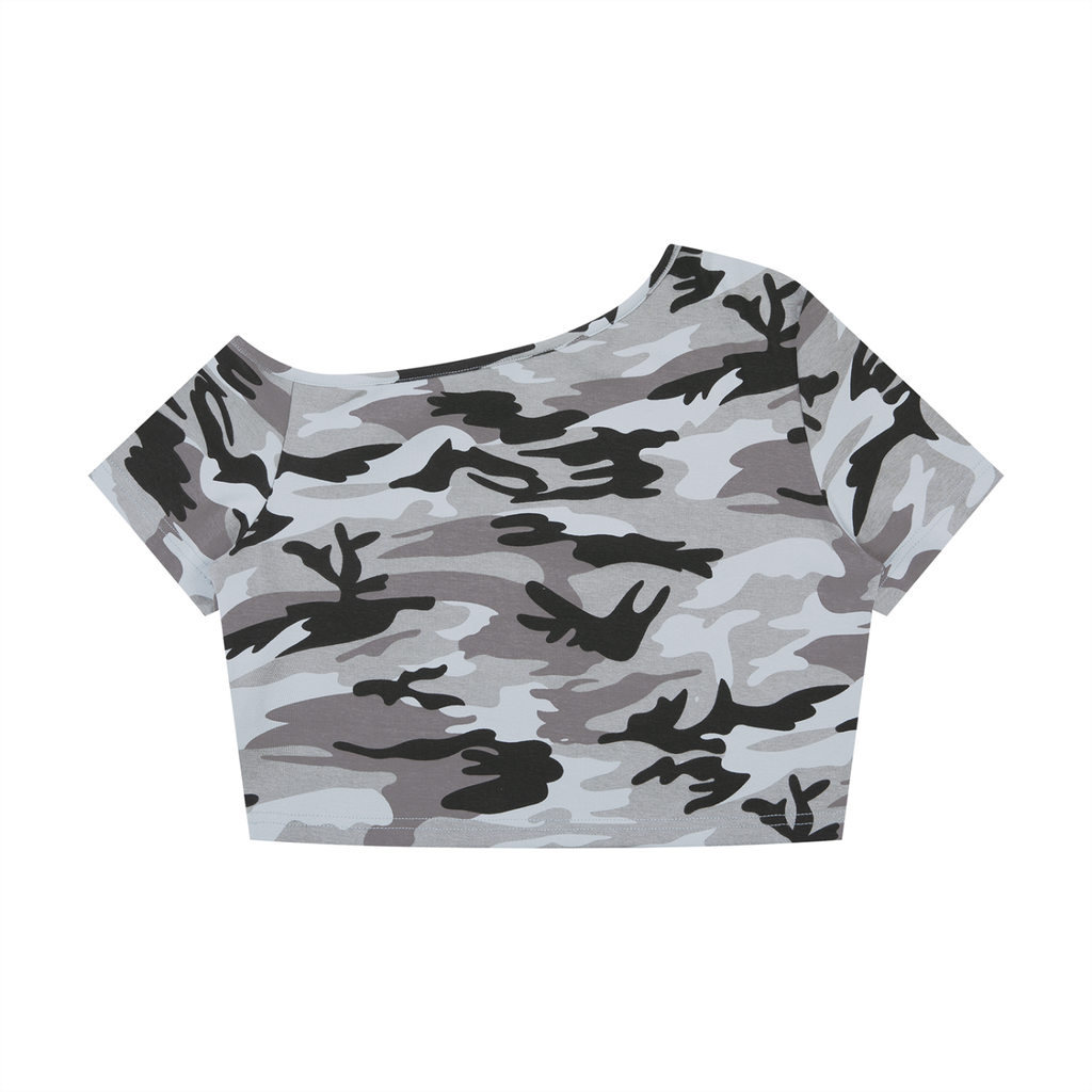 LW 123 Women's Camo Off-Shoulder Crop T-Shirt