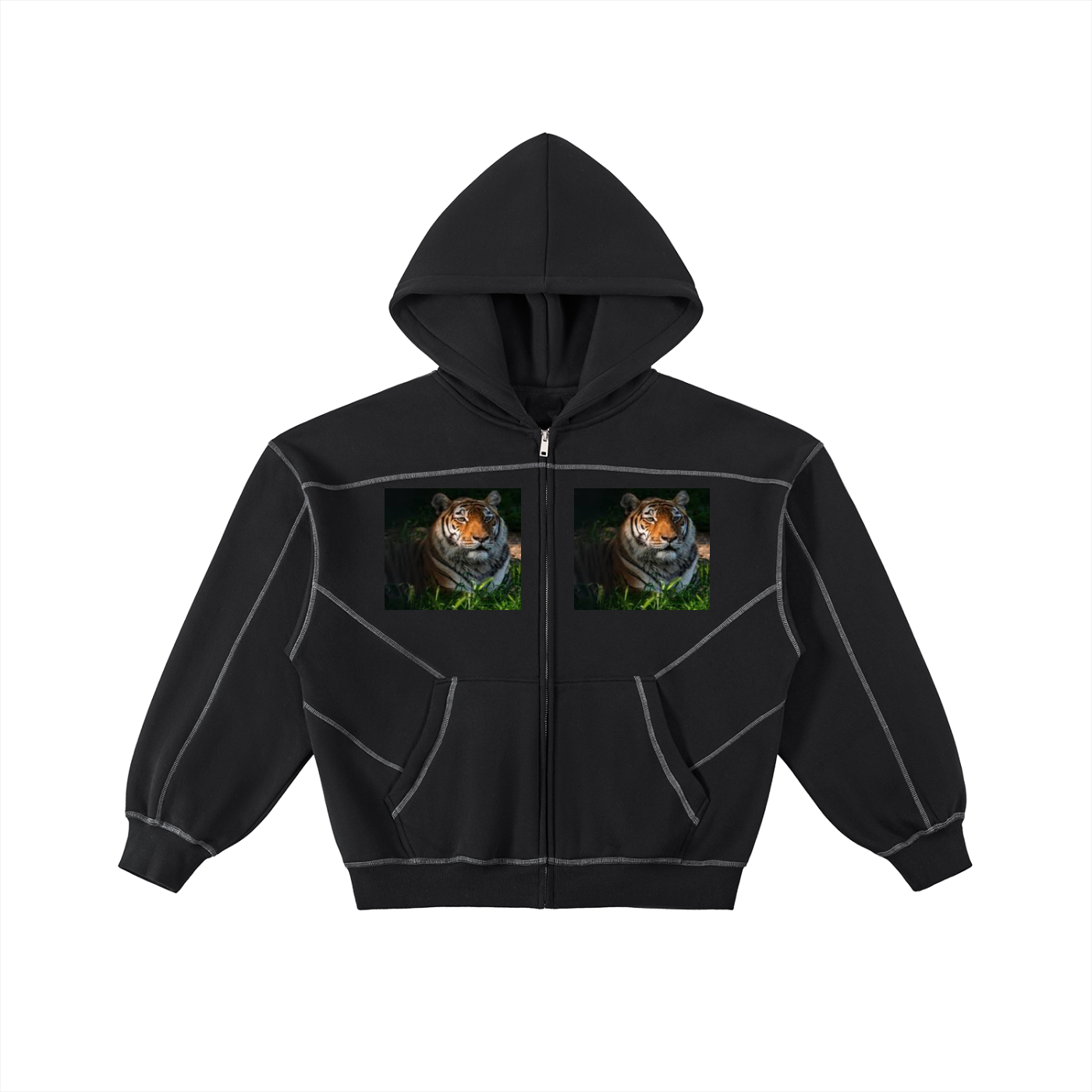 Contrast-Stitched Boxy Fleece Zip Hoodie