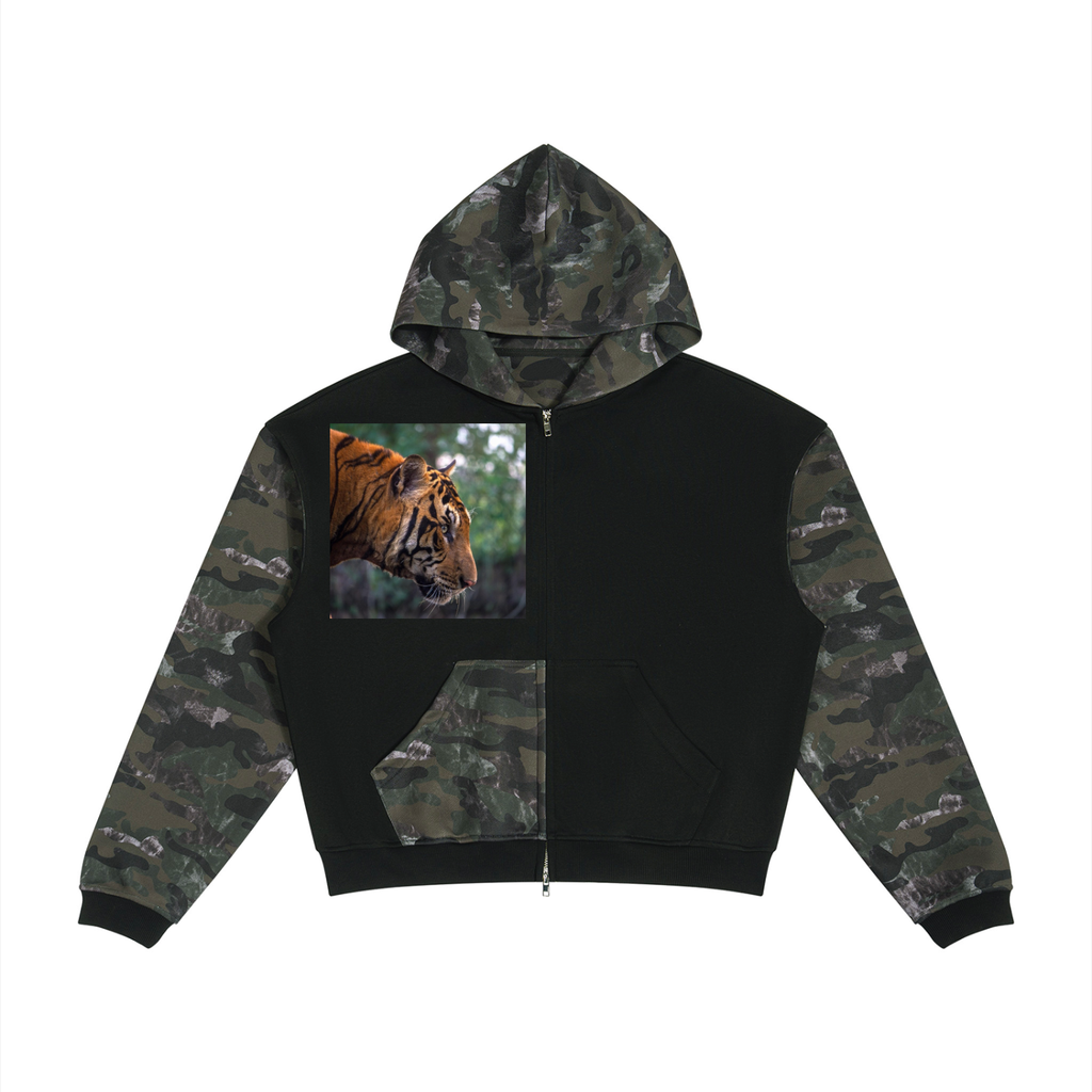 LW 123  Colorblock Camo Full Zip Boxy Hoodie