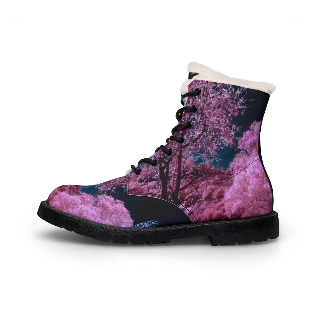 LW 123 Women's Fur-Lined Leather Boots — Pink Cherry Blossom Winter Combat Boots