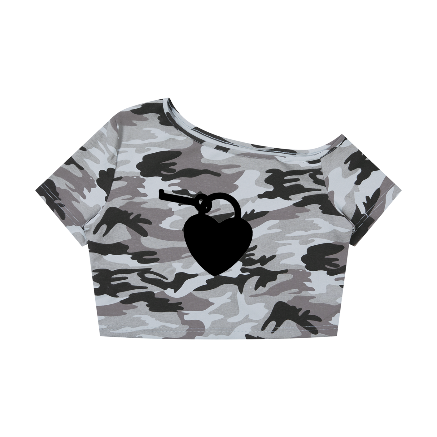 LW 123 Women's Camo Off-Shoulder Crop T-Shirt